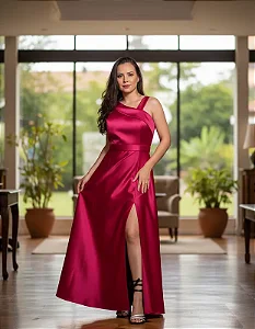 Vestido Longo Vermelho Assimétrico Zibeline Com Flor