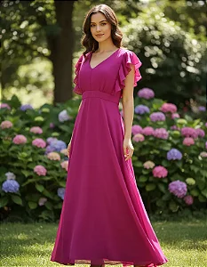 Vestido Plus Longo Acinturado Manga Com Babado