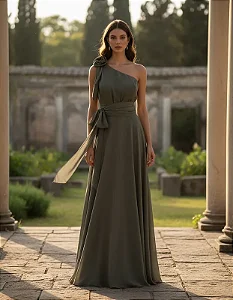 Vestido Longo Para Madrinha Decote Assimétrico com Flor