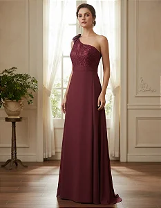 Vestido Festa Longo Decote Assimétrico Flor Marsala e Renda