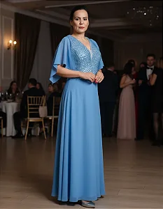 Vestido Festa Azul Longo com mangas para Madrinhas
