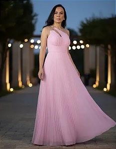 Vestido Longo Plissado Madrinhas Decote Assimétrico Rosa