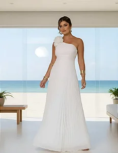 Vestido Longo Plissado Assimétrico para Casamento Noiva