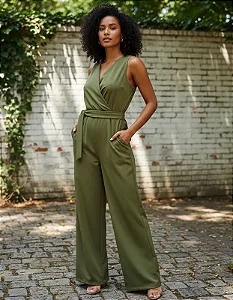 DUPLICADO - Macacão Feminino Alfaiataria Pantalona Cinto Ajuste Decote V