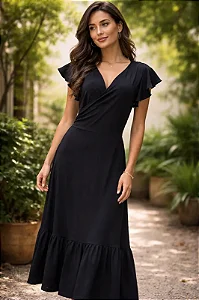 Vestido longo transpassado estilo envelope com mangas e faixa de ajuste na cintura