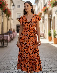 Vestido Longo Transpassado Envelope Moda Casual Elegante Laranjado