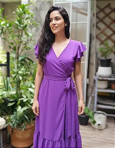 Vestido longo transpassado estilo envelope com mangas e faixa de ajuste na cintura Violeta