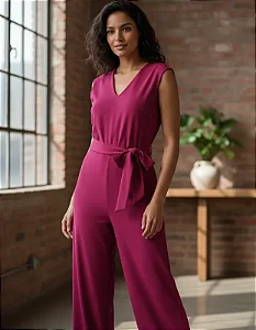 Macacão Feminino Longo Elegante Social Alfaiataria Pantalona Decote V Rosa