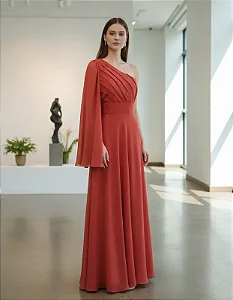 Vestido Festa Plus Size Decote Assimétrico Terracota