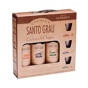 Kit Cachaça Santo Grau com 3 Cachaças 375ml e 3 copos exclusivos