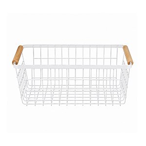 Cesto Retangular Branco de Metal com Alça de Bambu 29x18,5x11,5cm
