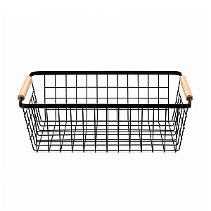 Cesto Retangular Preto de Metal com Alça de Bambu 36x22,5x12cm