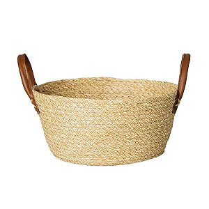 Cesto de Fibra Natural com Alça de Couro Mocca 28x13cm