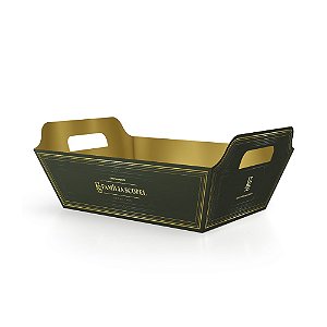 Cesta Família Scopel caixa verde e dourada com celofane e laço - ideal para 06 a 12 itens