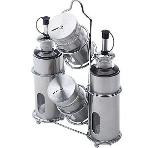 Kit Porta Azeite de Mesa em Vidro e Inox 4 Peças + Suporte
