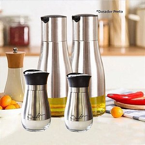 Galheteiro Conjunto Porta Tempero 4 Peças Inox e Vidro