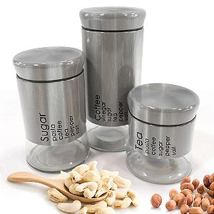 Pote para Mantimentos Alimentos 3 peças Inox e Vidro Prata
