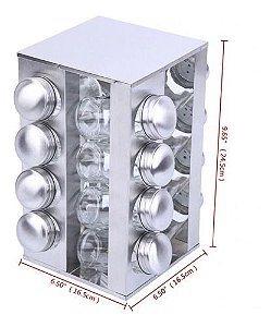 Porta Tempero Giratório Redondo Inox e Vidro 16 Potes