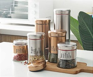 Porta Mantimentos em Aço Inox e Vidro kit com 3 Potes