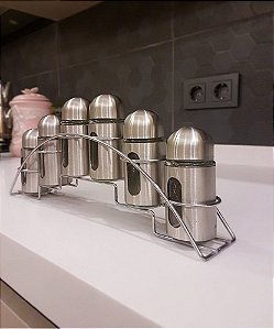 Conjunto Porta Tempero 6 Peças Inox e Vidro Com Suporte