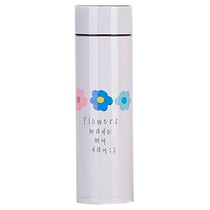 Garrafa Térmica Inox 300ml Com Termômetro e Led Rosa Flores - 82798