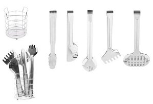 Jogo de Talheres Inox 6 Peças Utensílios de Cozinha Suporte