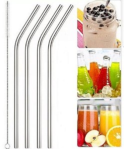 Kit com 4 Canudos Inox para Drink + 1 Escova para limpeza Reutilizável