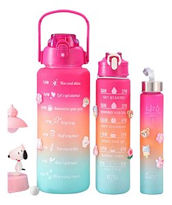 Kit 3 Garrafas Coloridas 2l 900ml 400ml Com Adesivos Rosa C/ Verde