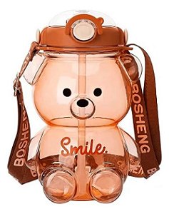 Garrafa De Água Infantil Urso 1000ml Com Alça Canudo Marrom - 82964