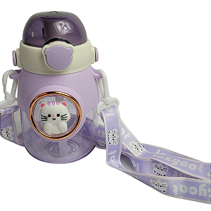 Garrafa Infantil 800ml Lilás Estampa Gatinho Com Alça E Canudo