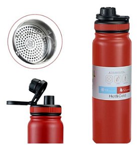 Garrafa Térmica Água  800ml Inox Quente e Frio Vácuo Duplo Vermelho - 82980