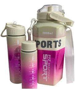 Kit 3 Garrafas Metalizadas 2l 700ml 260ml Com Canudo E Alça Branca - 82234
