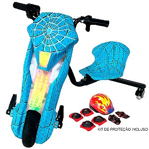 Triciclo Elétrico 8 polegadas Drift 250w Led Com Kit Proteção Homem Aranha Azul - 81330