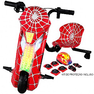 Triciclo Elétrico 8 polegadas Drift 250w Led Com Kit Proteção Homem Aranha Vermelho - 81330