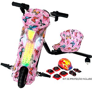 Triciclo Elétrico 8 polegadas Drift 250w Led Com Kit Proteção Rosa Com Borboletas - 81330