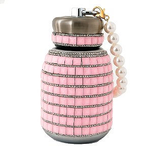 Garrafa Térmica 300ml Aço Inox Cravejada com Strass Rosa - 81994