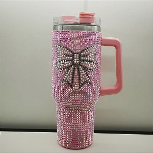 Garrafa Copo Térmico Inox 1000ml  C/ Strass Canudo e Alça - 81996