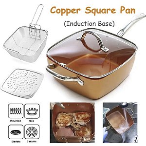 Panela Antiaderente Grande 24cm Quadrada Com Cesto Fritura Fogão Cooktop Indução E Gás