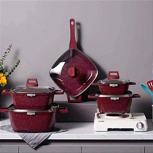 Kit Jogo de Panelas Antiaderente 5 Peças com Utensílios e Acessórios para Cozinha Vermelha - 80158