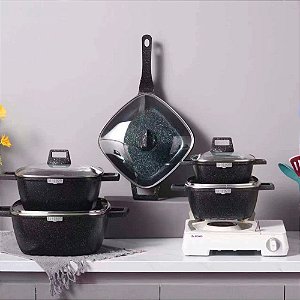 Kit Jogo de Panelas Antiaderente 5 Peças com Utensílios e Acessórios para Cozinha Preta - 80158
