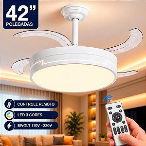 Ventilador Teto Retrátil 300W Luz Led Brilho Ajustável 6 Velocidades Branco - 81138