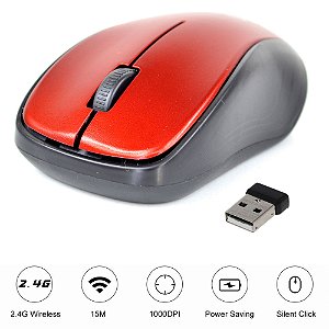 Mouse Óptico Wireless Sem Fio Plug In Play 1000dpi Vermelho - 82860
