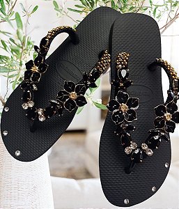 Chinelo Havaiana Top Preto com Cabedal Flor