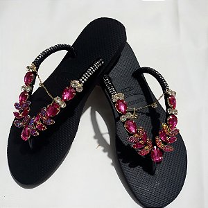 Chinelo Havaianas Slim Preto com Cabedal Sereia Pink & Prata