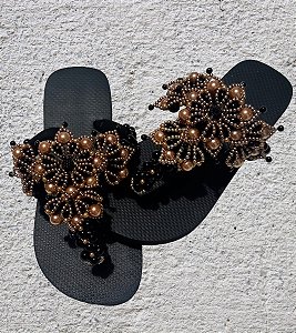 Sandália Rasteirinha Top Preto e Dourado