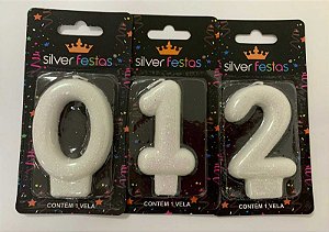 VELA BRANCA GLITTER -  NÚMERO A ESCOLHER -1 unidade