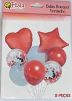 BOUQUET DE BALÕES VERMELHO E TRANSPARENTE (COM CONFETES) - 8 peças