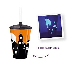 COPO PLÁSTICO COM TAMPA E CANUDO CASTELO ASSOMBRADO - HALLOWEEN - 500 ml - 1 unidade * Brilha com luz negra