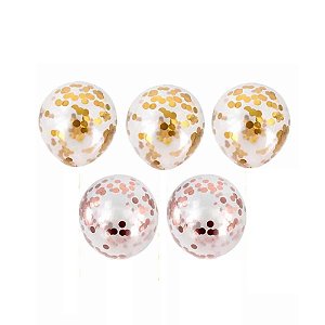 KIT DE BALÃO TRANSPARENTE COM CONFETES ROSÊ GOLD Nº 12 (30 cm) - 1 Pacote com 6 unidades