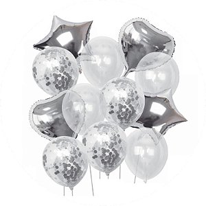 BOUQUET DE BALÕES PRATA E TRANSPARENTE (COM CONFETES) - 12 peças